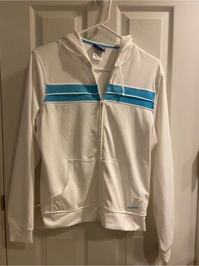 Vintage Reebok White Hoodie with Blue Accent Stripes Large Blokecore EUC